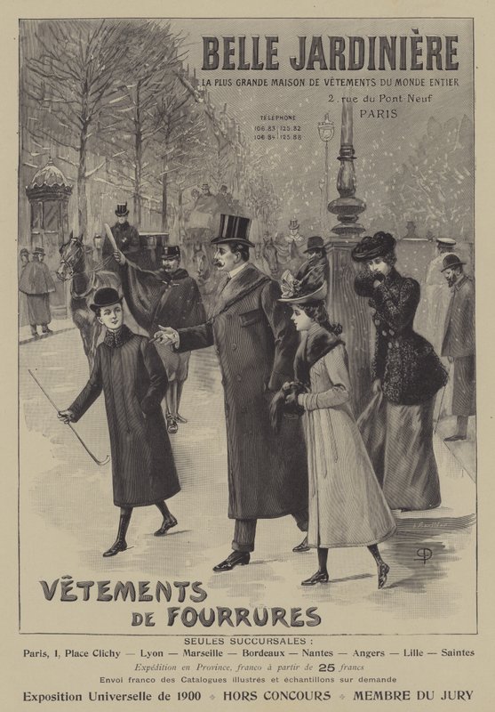 Annoncer for pelsbeklædningsgenstande fra Belle Jardiniere, Paris (litho) af French School