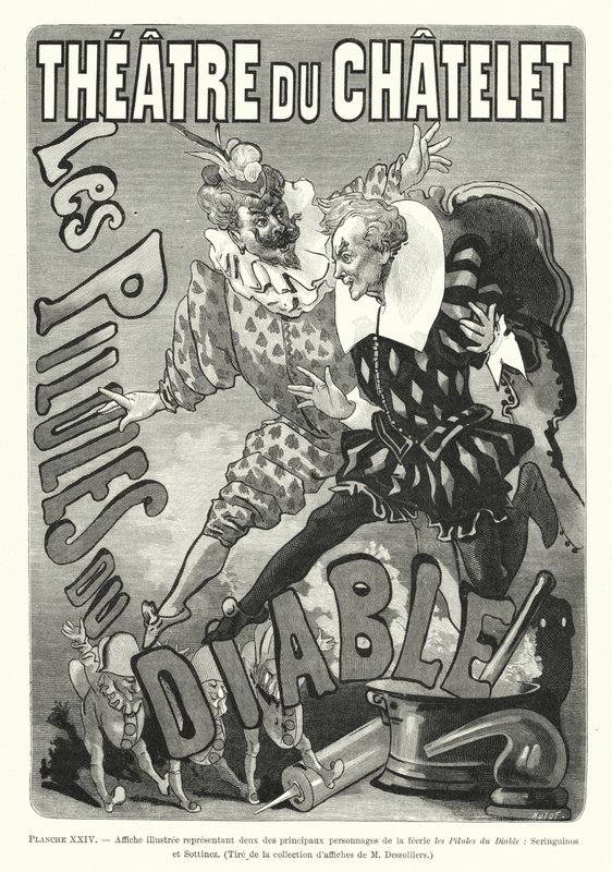 Illustreret plakat, der repræsenterer to af hovedpersonerne i eventyret Les Pilules du Diable, Seringuinos og Sottinez (gravering) af French School