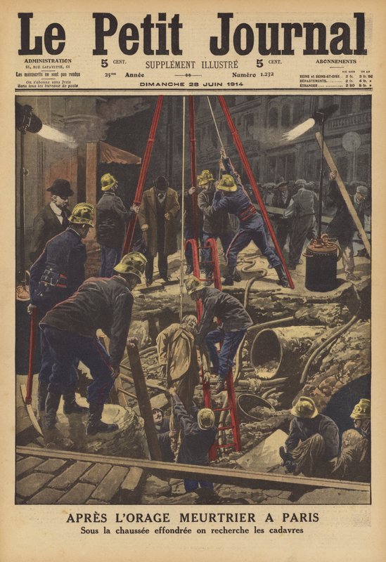 Efterdønning af et dødbringende tordenvejr i Paris (farve litho) af French School