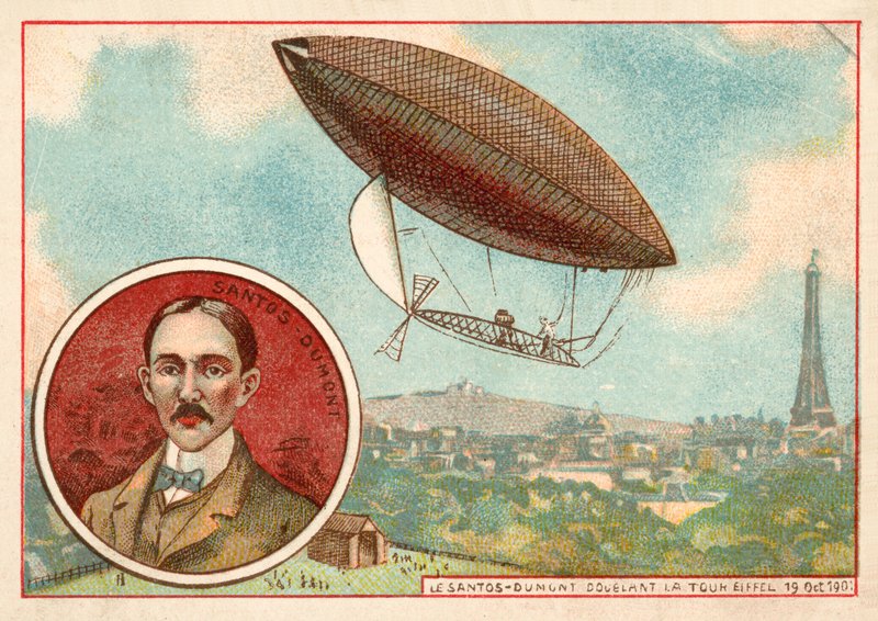 Alberto Santos-Dumonts luftskib flyver rundt om Eiffeltårnet, Paris af French School