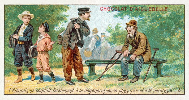 Alkoholisme fører uundgåeligt til fysisk degeneration og lammelse (chromolitho) af French School