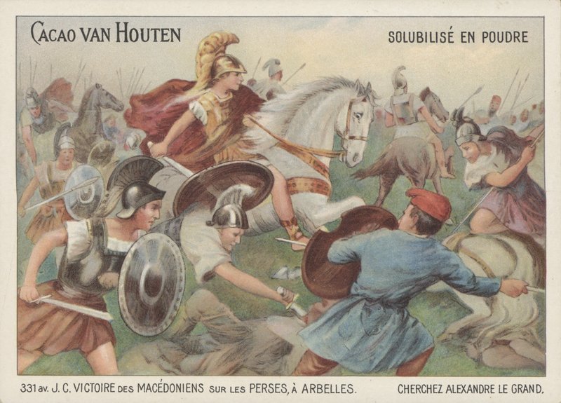 Alexander den Stores sejr over perserne i slaget ved Arbela, 331 f.Kr. (chromolitho) af French School