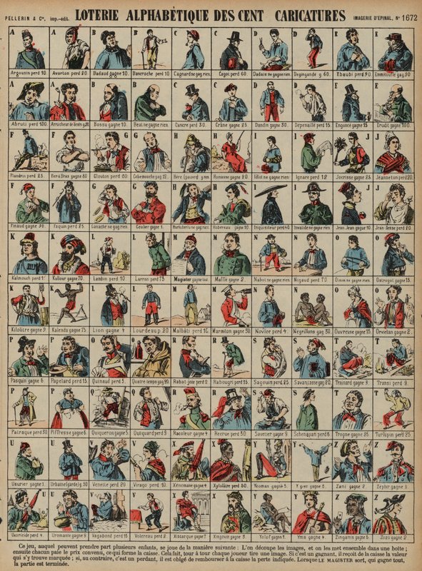 Alfabetisk lotteri på hundrede karikaturer (farvet indgravering) af French School