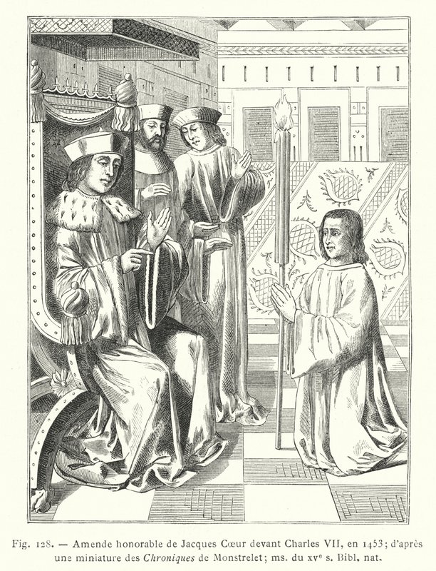 Ærede ændring af Jacques Coeur før Charles VII, i 1453; efter en miniature fra Chroniques de Monstrelet; ms fra det 15. århundrede, Bibl nat (gravering) af French School