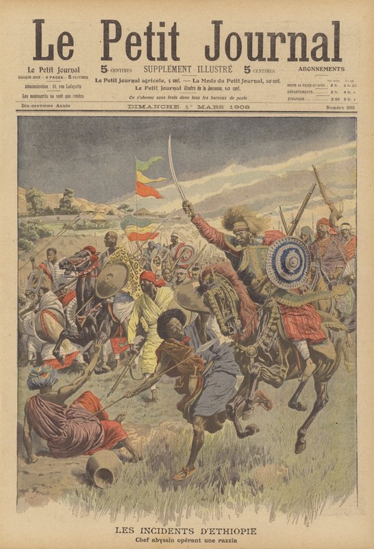 En abessinisk høvding leder et razzia mod somaliere (farve litho) af French School