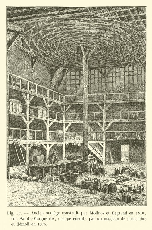 Tidligere rideskole bygget af Molinos og Legrand i 1810, rue Sainte-Marguerite, derefter besat af en porcelænsforretning og revet ned i 1876 af French School