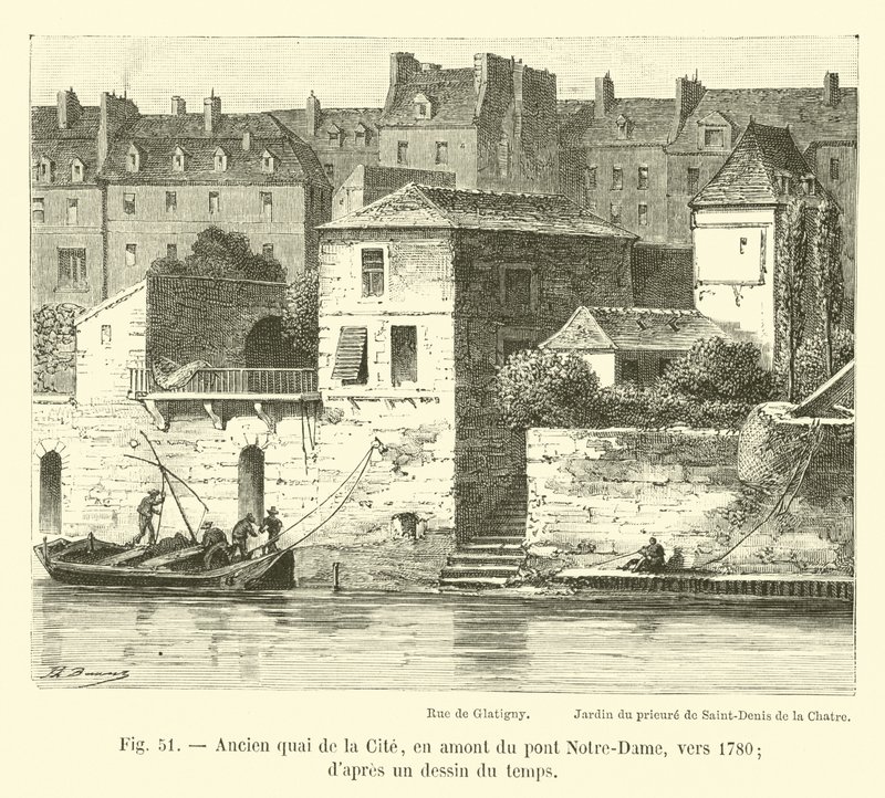 Tidligere quai de la Cite, opstrøms fra Notre-Dame-broen, omkring 1780; fra en tegning af tiden af French School