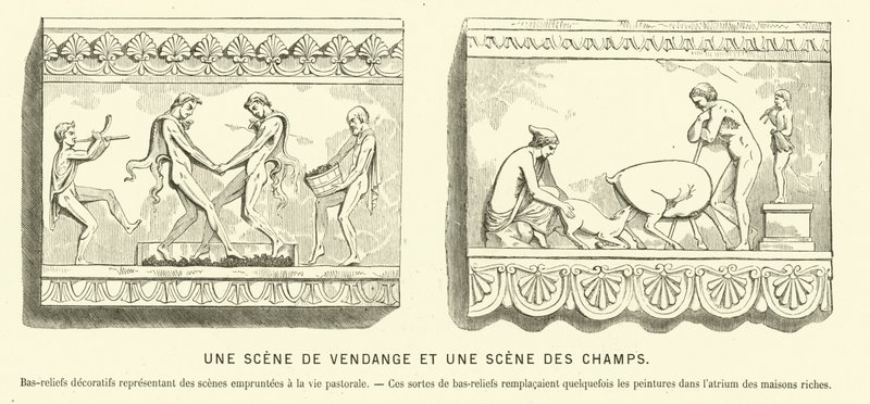 Gamle romerske basrelieffer, der viser en druehøst og en scene på markerne (gravering) af French School