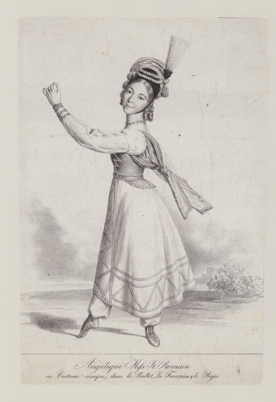 Angelique St Romain Mees i kosakkostume til balletten La Francaise et le Raja (litho) af French School