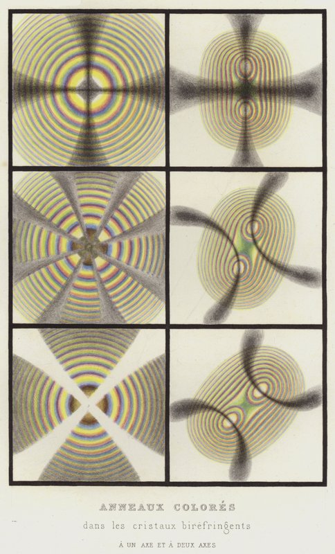 Farvede ringe i en-akset og to-akset dobbeltbrydende krystaller (farve litho) af French School