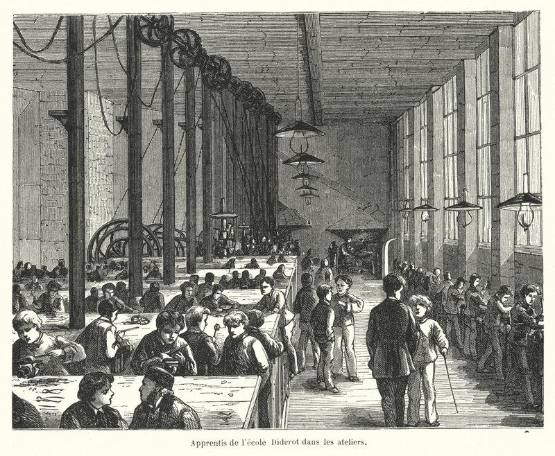 Lærlinge i værkstederne på Ecole Diderot i Paris, Frankrig (gravering) af French School