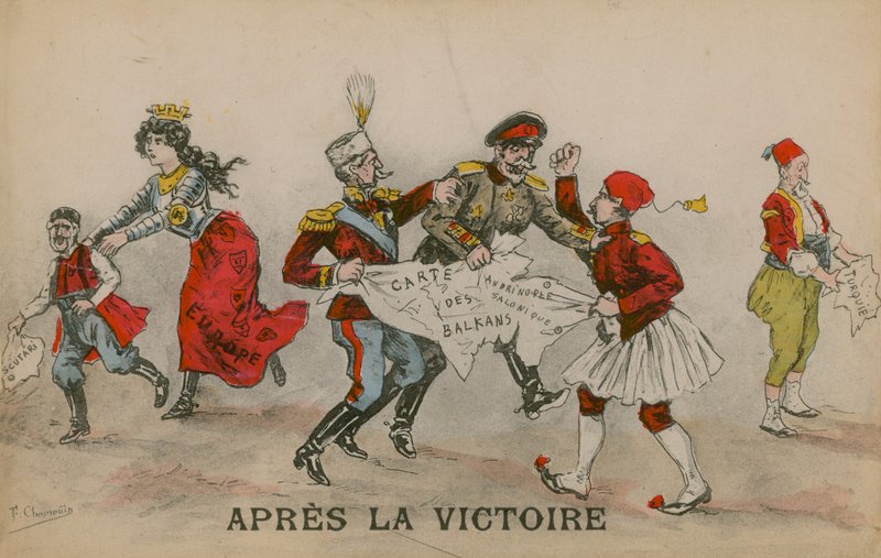 Apres La Victoire, politisk tegneserie om Balkan. Postkort sendt den 14. juni 1913. af French School