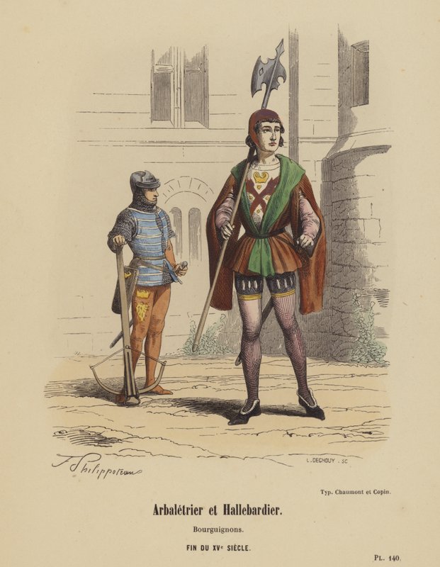 Crossbowman og Halberdier, burgundere, slutningen af ​​det 15. århundrede (farvet gravering) af French School