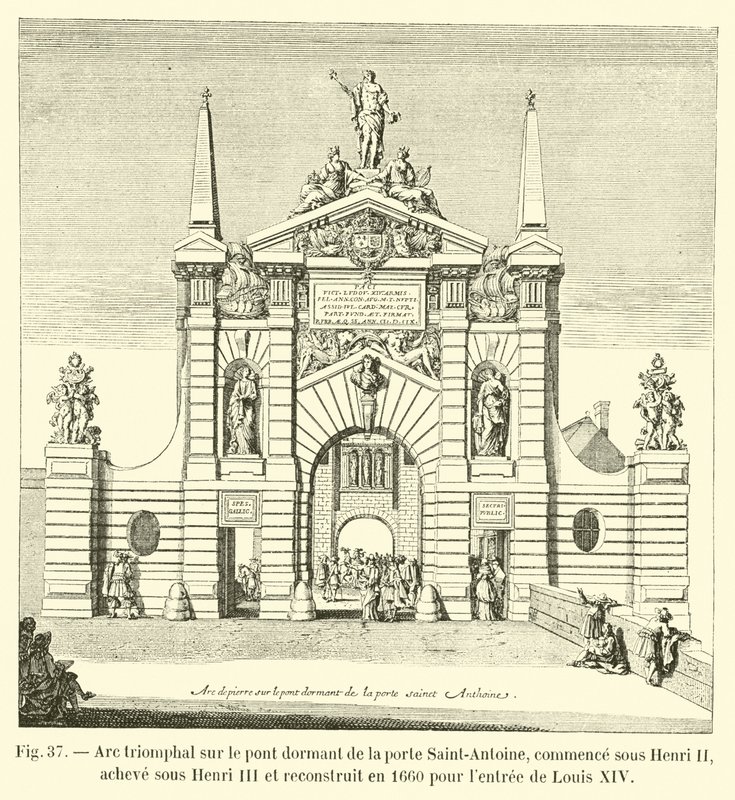 Triumfbue på den sovende bro i Saint-Antoine-porten, startede under Henri II, fuldført under Henri III og genopbygget i 1660 til Louis XIVs indtog af French School