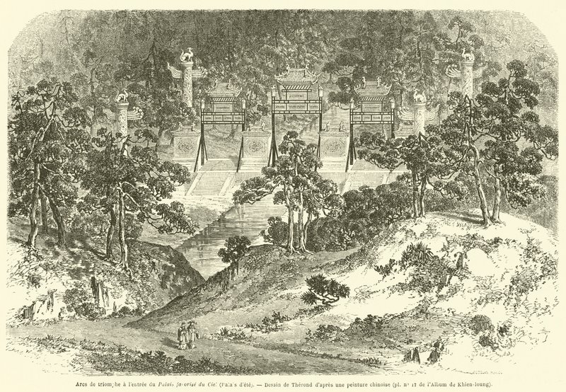 Triumfbuer ved indgangen til det foretrukne Himmelpalads, Sommerpaladset (gravering) af French School