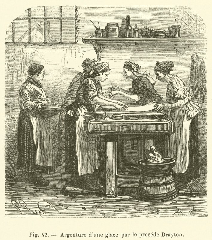 Forsølvning af et spejl ved Drayton-processen (gravering) af French School