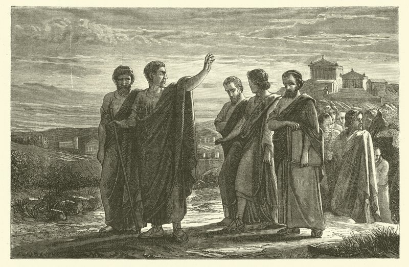 Aristoteles landsforvist fra Athen med sine disciple (gravering) af French School