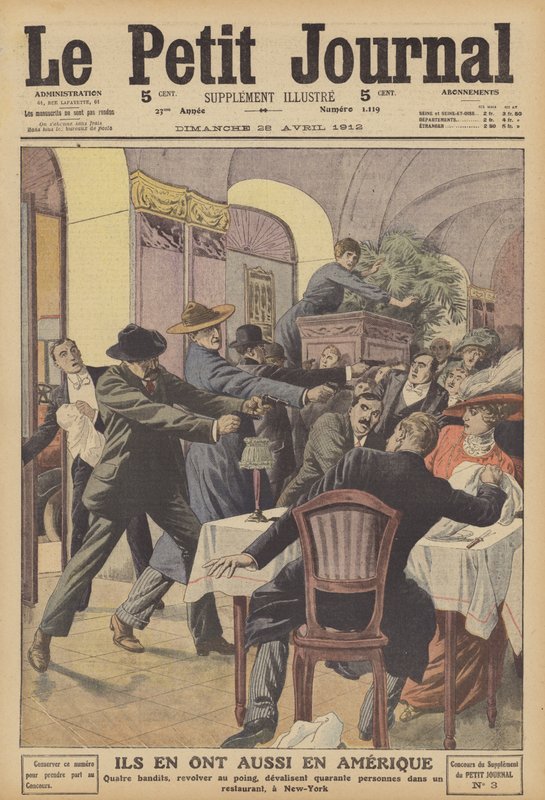 Bevæbnet røveri i en restaurant i New York (farve litho) af French School