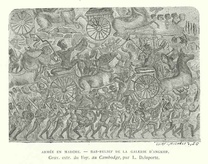 Hæren på march, basrelief fra Angkor, Cambodja (gravering) af French School