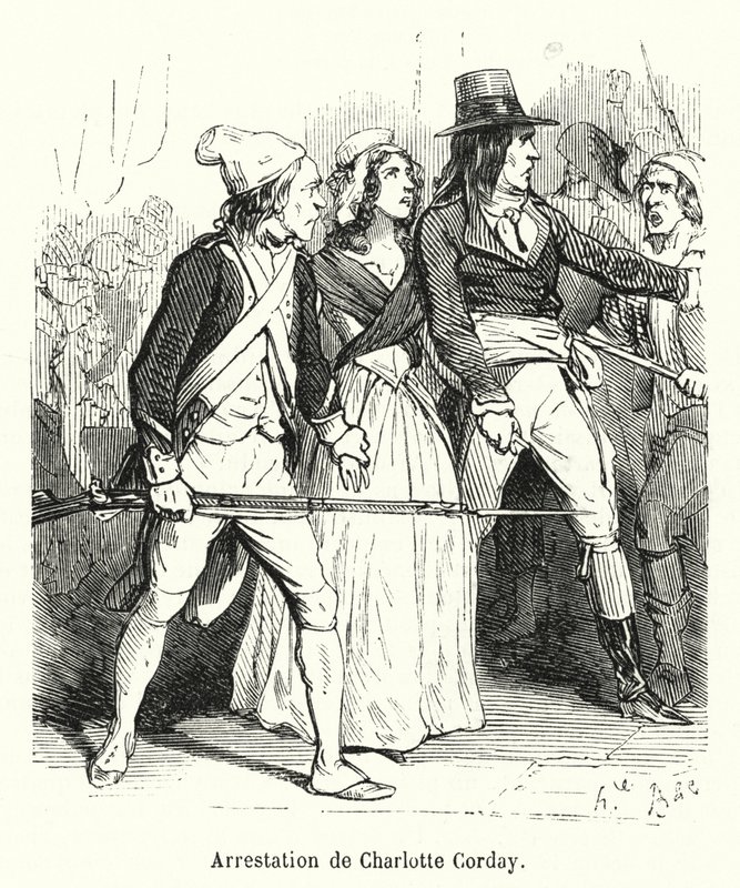 Anholdelse af Charlotte Corday (gravering) af French School