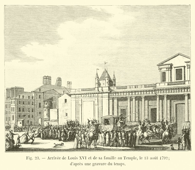 Ankomst af Ludvig XVI og hans familie til templet, 13. august 1792; fra en indgravering af tiden af French School