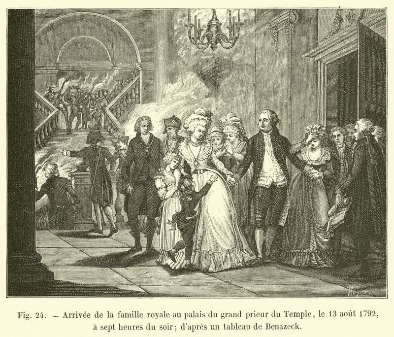 Den kongelige families ankomst til templets Grand Prior-palads, 13. august 1792, klokken syv om aftenen; fra et maleri af Benazeck af French School
