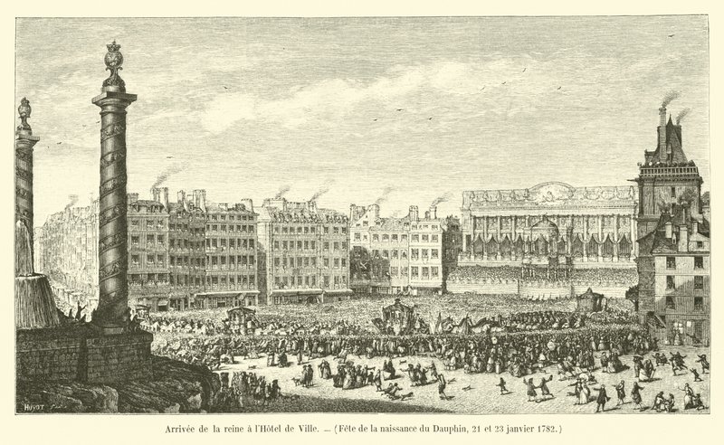Dronningens ankomst til Hôtel de Ville, Dauphins fødselsdag, 21. og 23. januar 1782 af French School