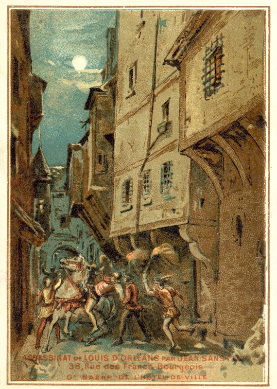 Mordet på Ludvig af Orleans af mændene fra Johannes den Frygtløse, hertugen af Bourgogne, Paris, 1407 af French School