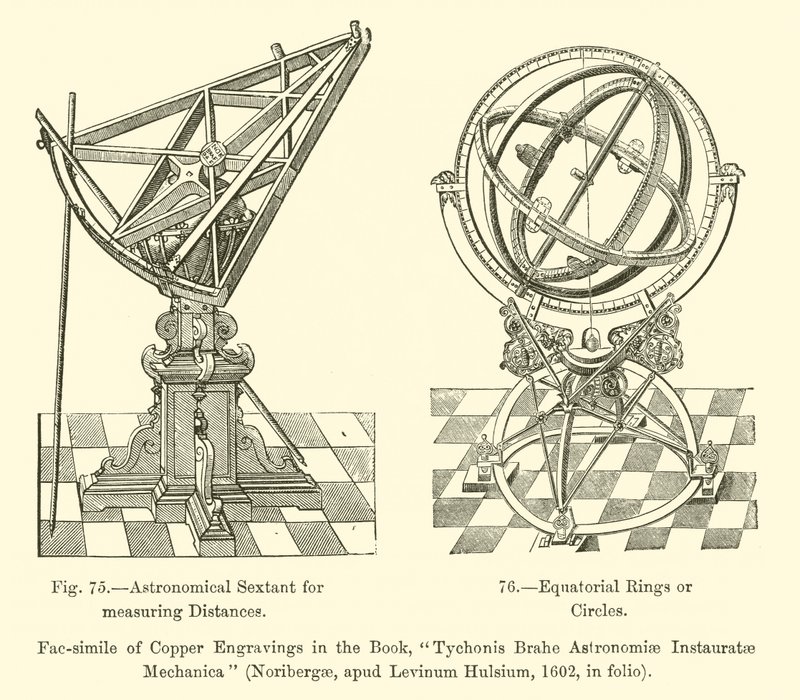 Astronomisk sekstant til måling af afstande, ækvatorialringe eller cirkler (gravering) af French School