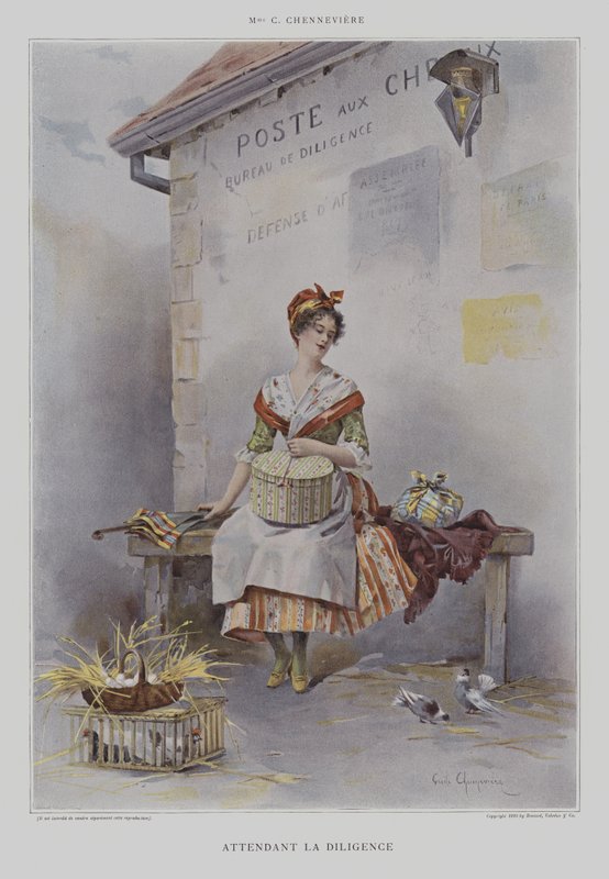 Attendant la Diligence (Venter på diligencen) (farve litho) af French School