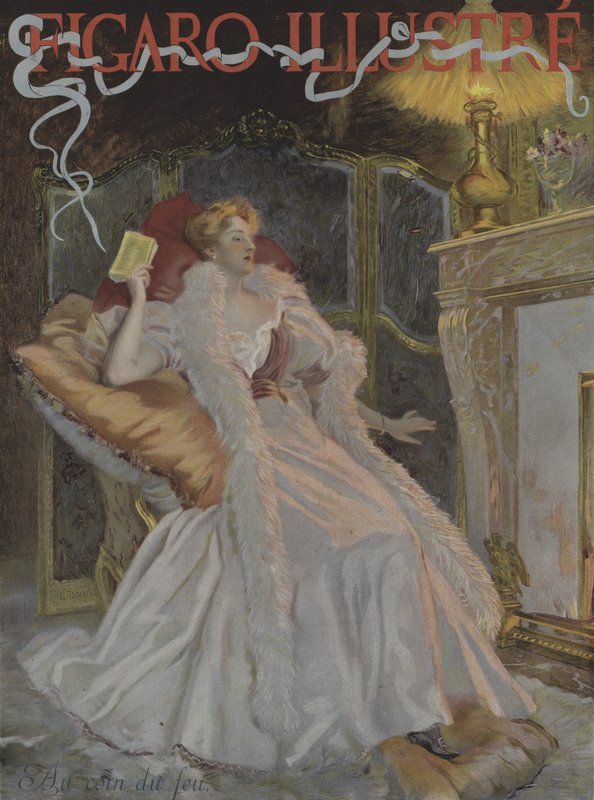 Au coin du feu (Ved ildstedet). Forside af Le Figaro Illustre, januar 1896 (farve litho) af French School