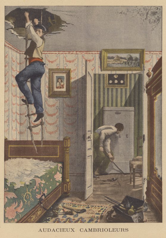 Dristige indbrudstyve (farve litho) af French School