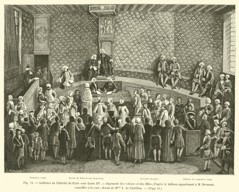 Publikum på Chatelet i Paris under Ludvig XV, dom over tyve og piger; fra maleriet tilhørende M Desmaze, rådgiver ved hoffet; tegning af Mme L de Chatillon af French School