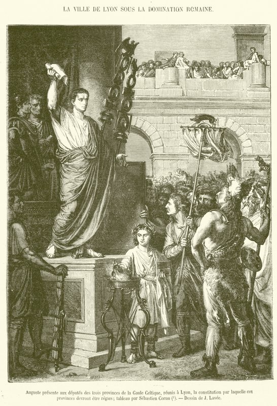 Augustus præsenterer for de deputerede i de tre provinser i det keltiske Gallien, der mødes i Lyon, den forfatning, som disse provinser skal styres efter (gravering) af French School