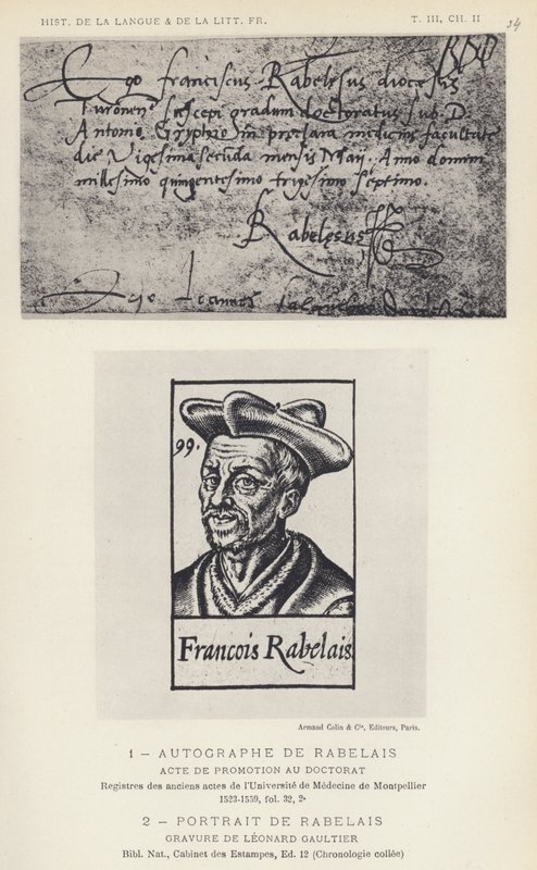 Autograf af Rabelais, Portræt af Rabelais (litho) af French School