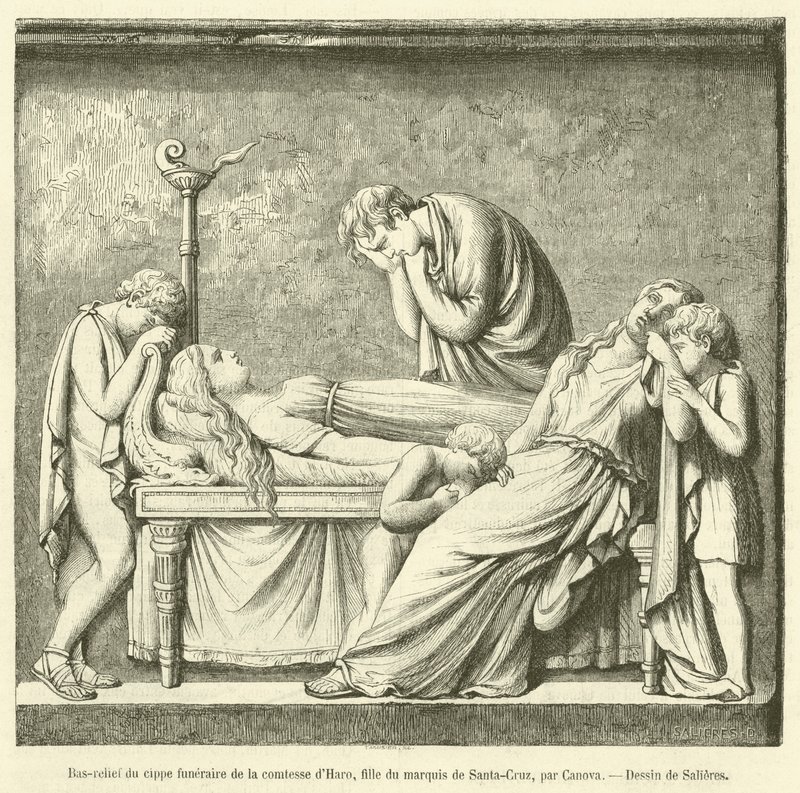 Bas-relief af begravelsen af ​​grevinden af ​​Haro, datter af markisen af ​​Santa-Cruz (gravering) af French School