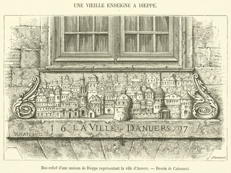 Bas-relief af et hus i Dieppe, der repræsenterer byen Antwerpen (gravering) af French School