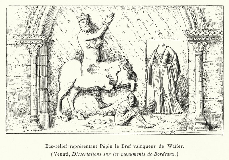 Bas-relief, der repræsenterer Pepin, den korte erobrer af Waifer (gravering) af French School