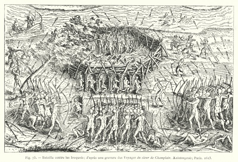 Kamp mod Iroquois; efter en gravering fra Sieur de Champlains rejser, Xaintongeois, Paris af French School