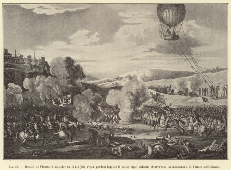Slaget ved Fleurus, 8. Messidor år II (26. juni 1794), hvor den fangede militærballon observerer alle den østrigske hærs bevægelser (gravering) af French School
