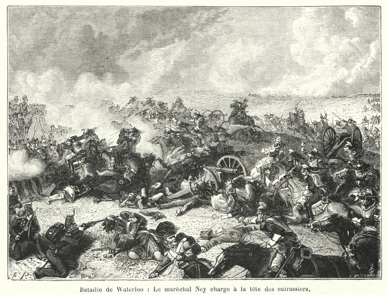 Slaget ved Waterloo, marskal Ney anfald i spidsen for cuirassiers (gravering) af French School