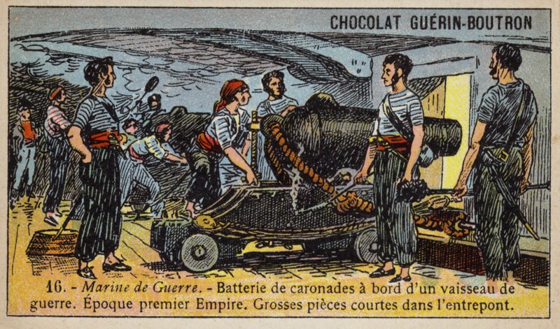 Batteri af karronader om bord på et fransk krigsskib fra det første imperium, tidligt i det 19. århundrede (chromolitho) af French School
