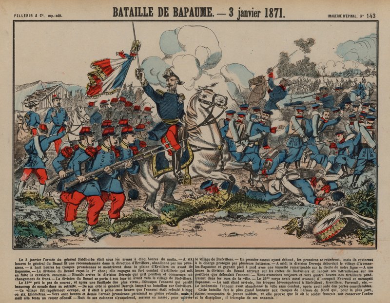 Slaget ved Bapaume, fransk-preussisk krig, 3. januar 1871 (farvegravering) af French School