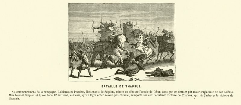 Slaget ved Thapsus, Nordafrika, Cæsars borgerkrig, 46 f.Kr. (gravering) af French School