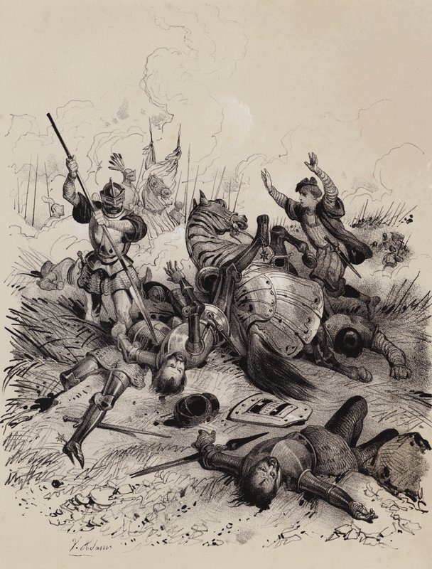 Battle of the Holme, 902, mellem danskerne og hæren fra Wessex og Kent under Edward den Ældre, hvor Aethelwold aetheling, der havde allieret sig med danskerne, blev dræbt (litho) af French School