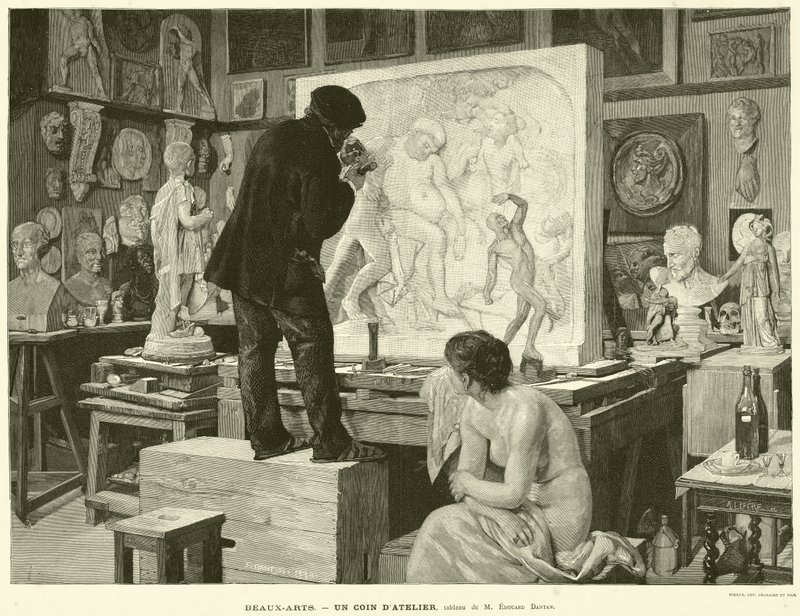Fine Arts, A Workshop Corner, maleri af M Edouard Dantan (gravering) af French School