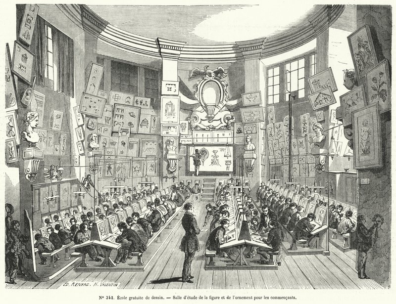 Begynderklasse i en fri tegneskole, Frankrig (gravering) af French School