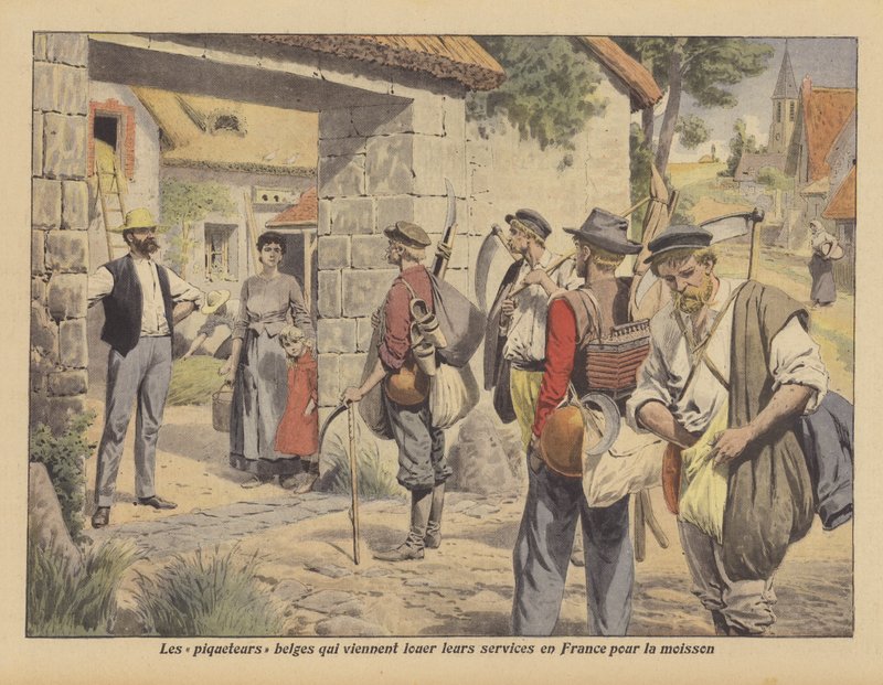 Belgiske landarbejdere søger arbejde i Frankrig under høsten (farve litho) af French School