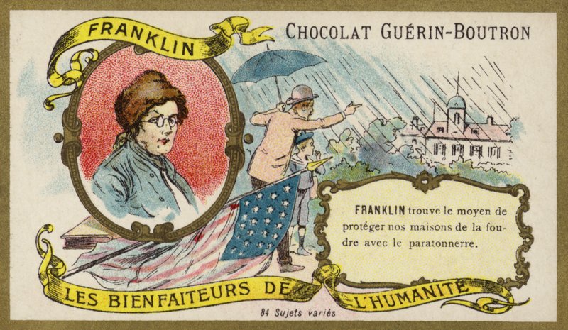 Benjamin Franklin, amerikansk videnskabsmand, opfinder og politiker (chromolitho) af French School