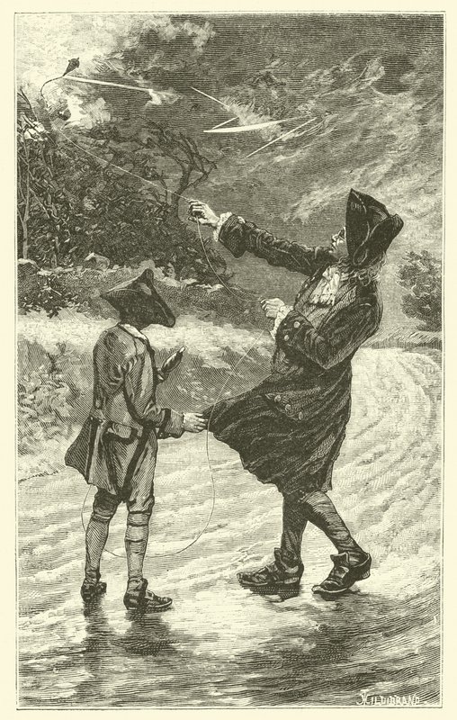 Benjamin Franklin flyver med sin drage (gravering) af French School